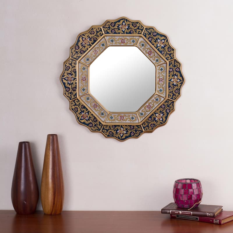 Mirror - Handmade Azure Star Blue Reverse Painted Glass Mirror (Peru) - 17.25" x 17.25"