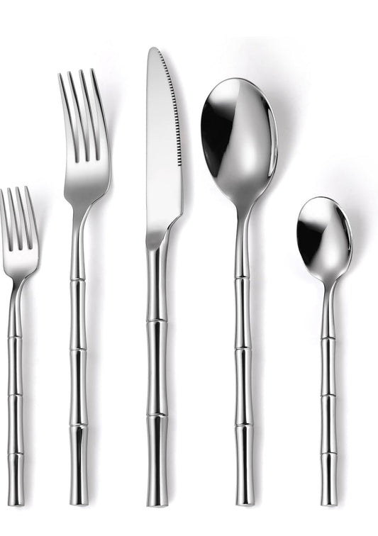 Silverware - 20 Pieces Bamboo Flatware Set Silverware Set Service for 4 Stainless Steel Fine Vintage Flatware Set