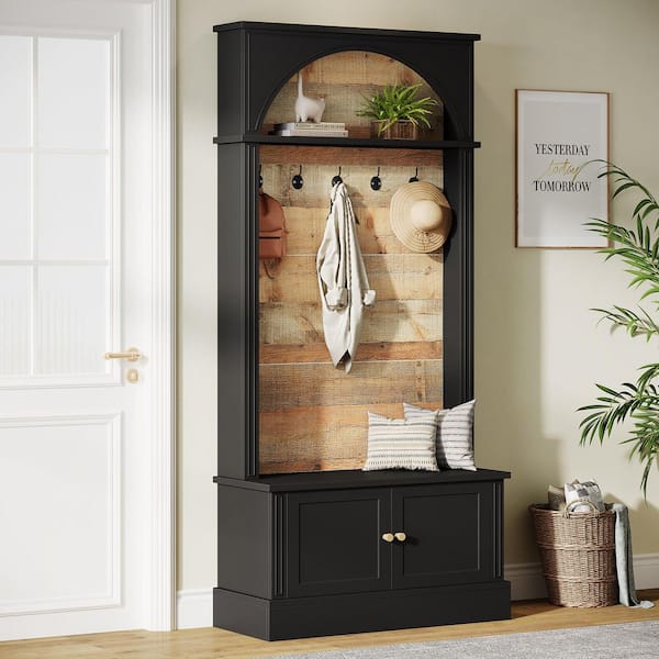 Entry Cabinet - Carmalita Brown 70.86 in. Tall Hall Tree Coat Rack with Entryway Bench, Shoe Storage, 5 Double Hooks & Adjustable Shelf