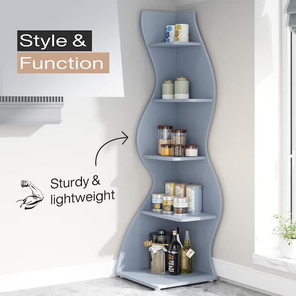Bookcase - Eulas 69.8 in. Tall Blue Engineered Wood 5-Shelf Standard Bookcase Corner Shelf with Storage