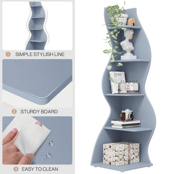 Bookcase - Eulas 69.8 in. Tall Blue Engineered Wood 5-Shelf Standard Bookcase Corner Shelf with Storage