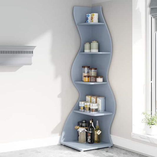 Bookcase - Eulas 69.8 in. Tall Blue Engineered Wood 5-Shelf Standard Bookcase Corner Shelf with Storage