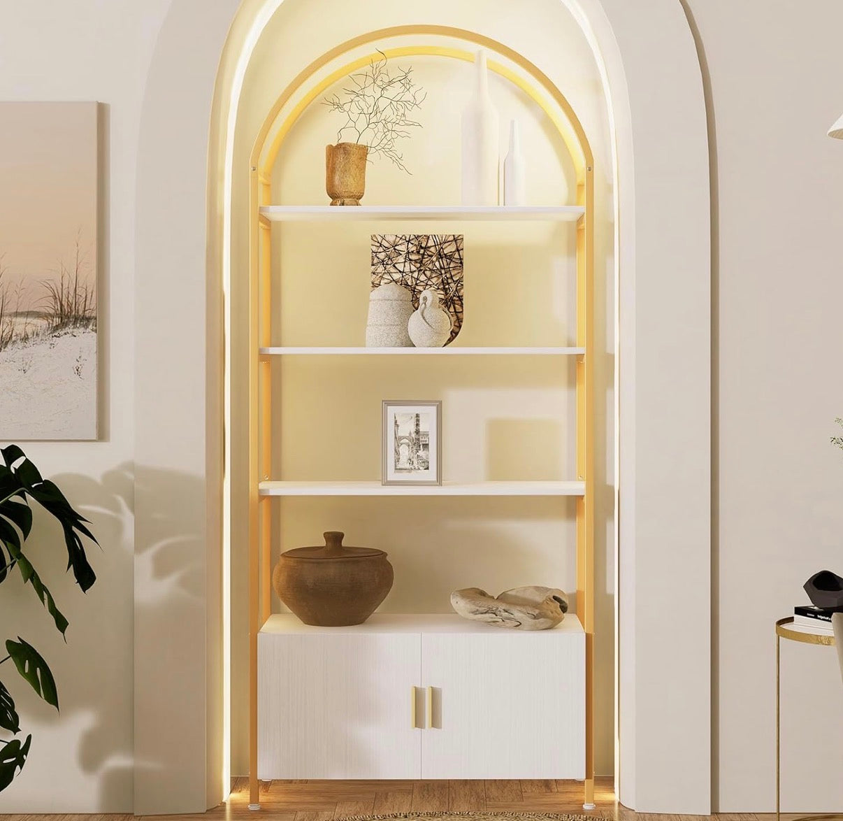 Bookcase - Jehiatek Gold Bookshelf, Arched Bookcase with Doors Storage, 71" Tall