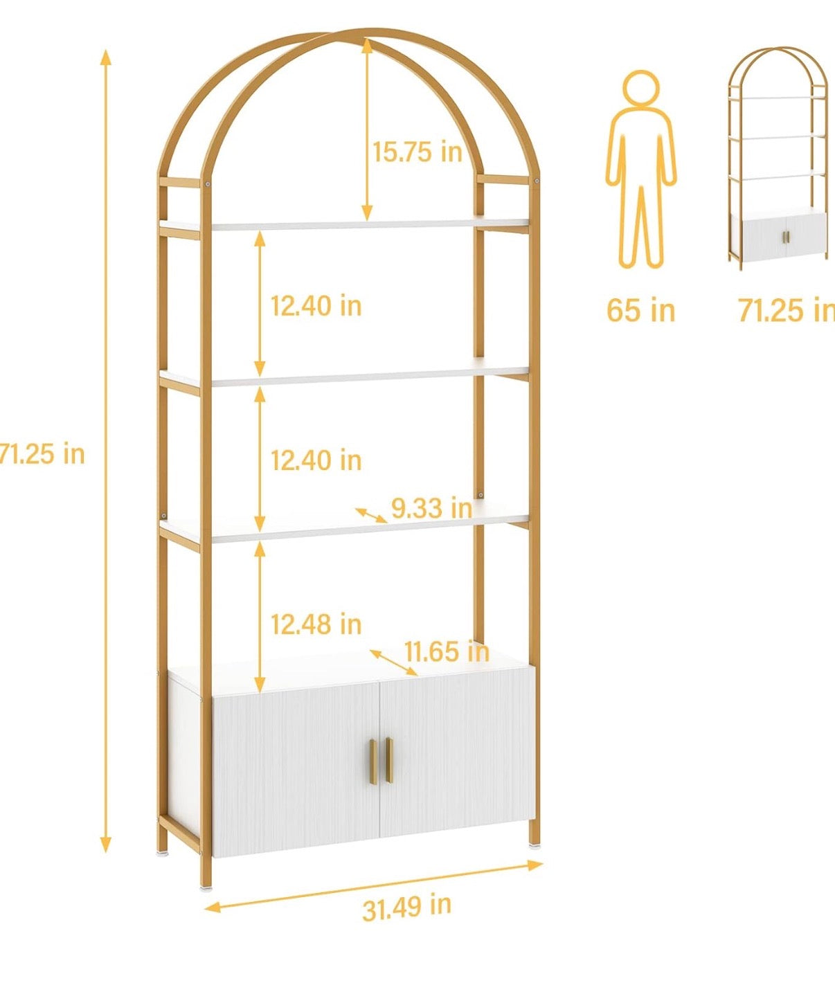 Bookcase - Jehiatek Gold Bookshelf, Arched Bookcase with Doors Storage, 71" Tall