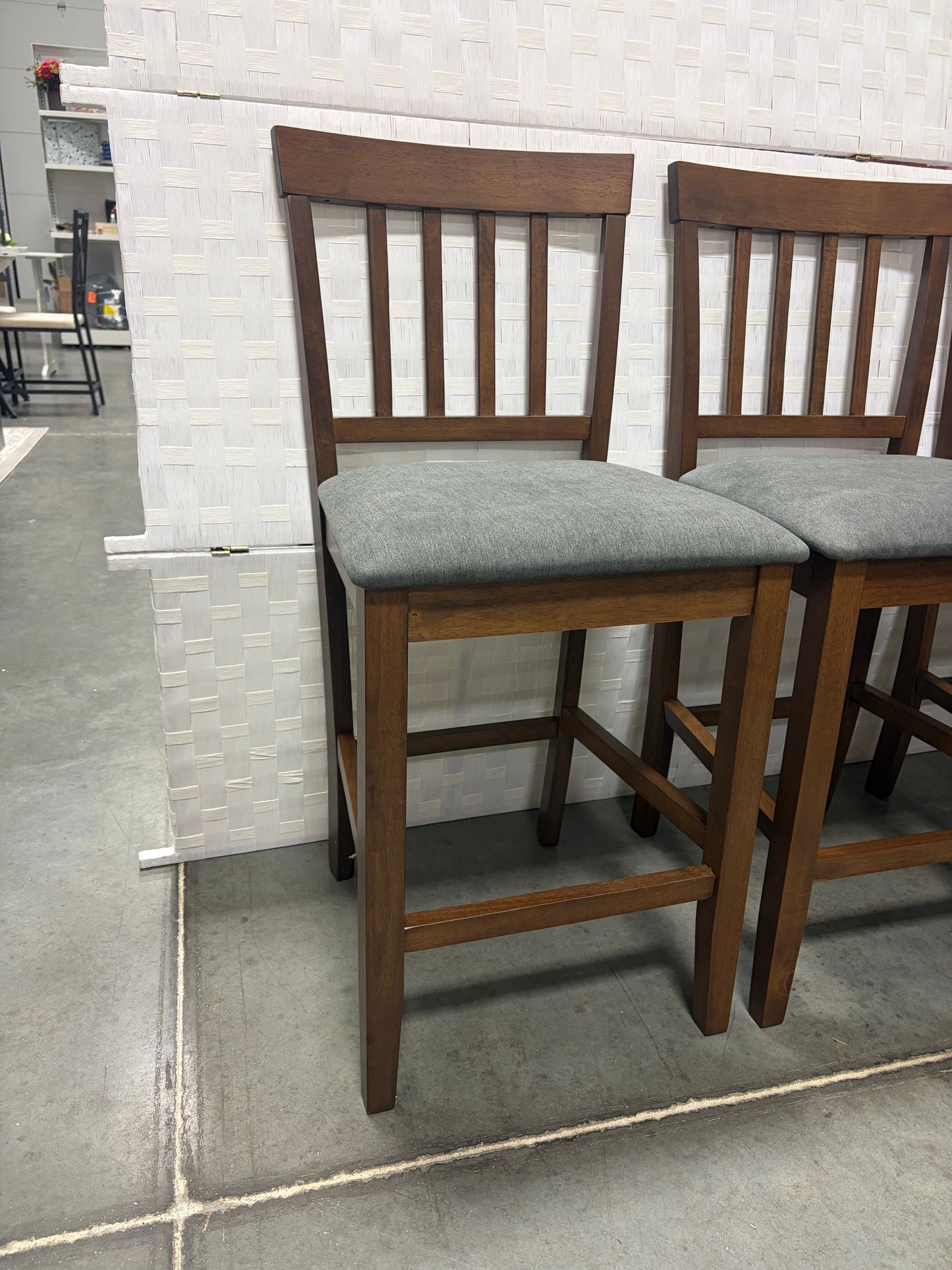 Barstool Set of 4 - 24” Walnut Wood with Grey Upholstered seat