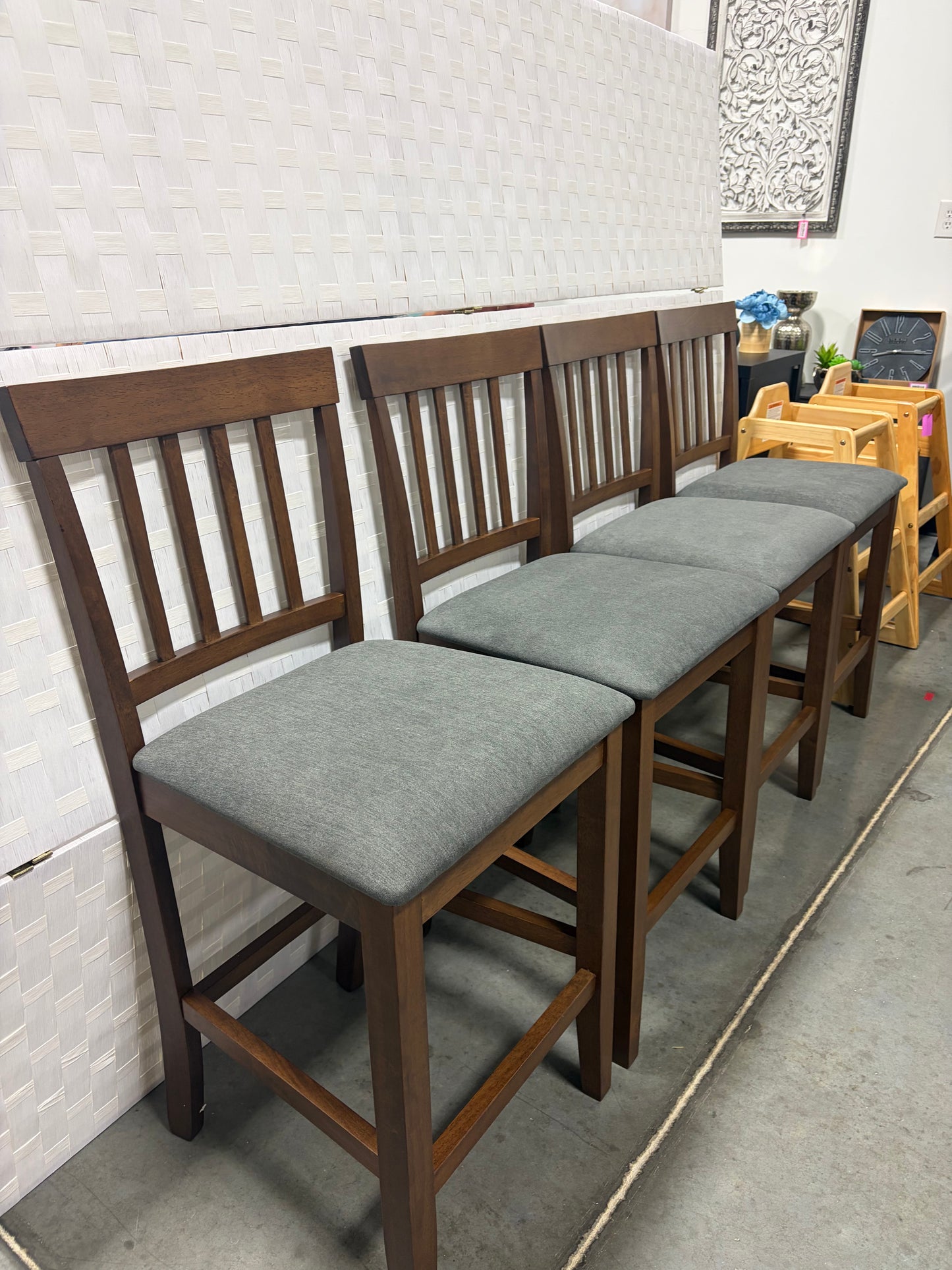 Barstool Set of 4 - 24” Walnut Wood with Grey Upholstered seat