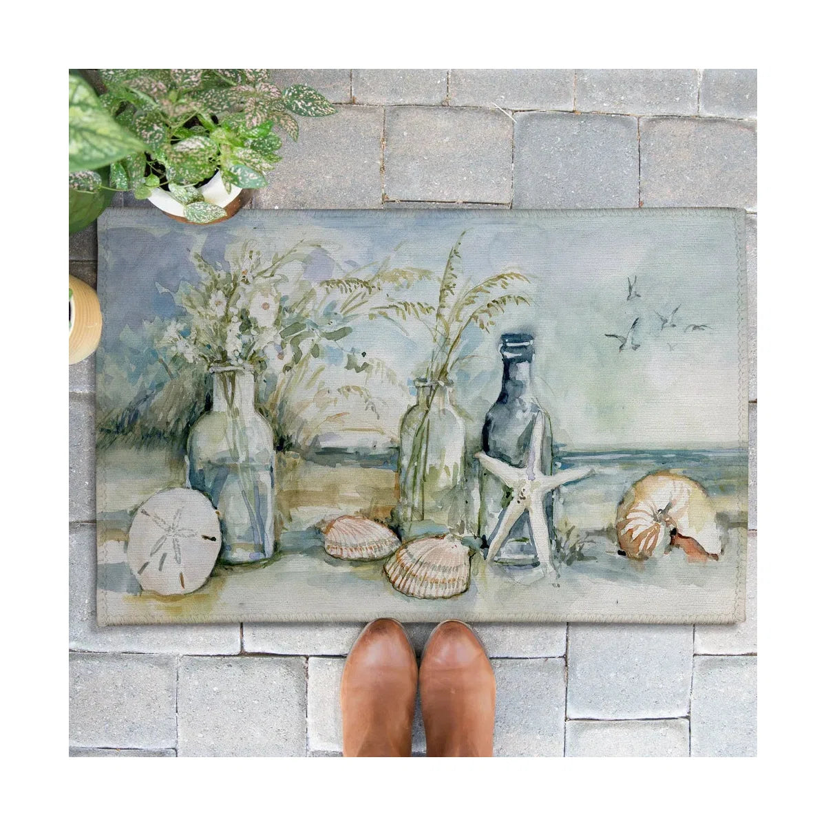 Rug - 18” x 30” Seaside Shells And Bottles Non-Slip Indoor / Outdoor Doormat
