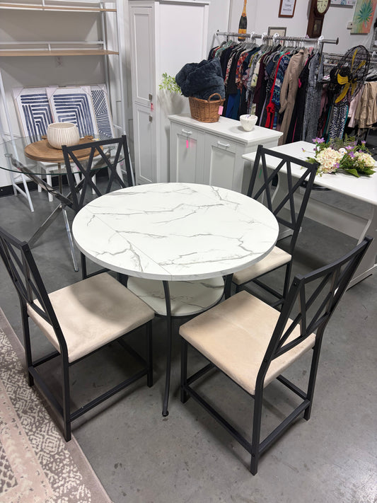 Dining Set - Round Faux Marble 5 Piece Dining Table Set