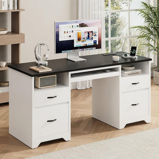 Desk - 59 in. Rectangular Black White Computer Desk with Drawers and Power Outlet, Home Office Desk with Keyboard Tray
