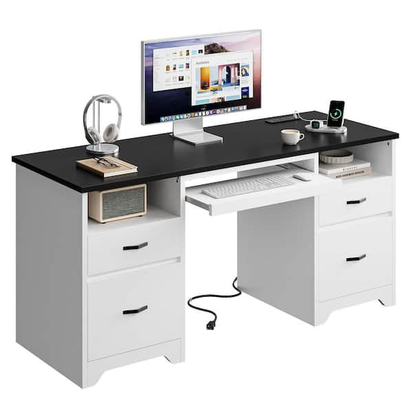Desk - 59 in. Rectangular Black White Computer Desk with Drawers and Power Outlet, Home Office Desk with Keyboard Tray