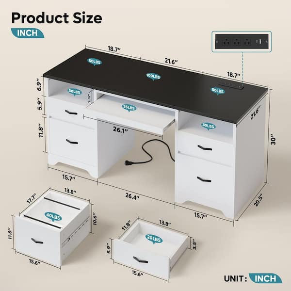 Desk - 59 in. Rectangular Black White Computer Desk with Drawers and Power Outlet, Home Office Desk with Keyboard Tray