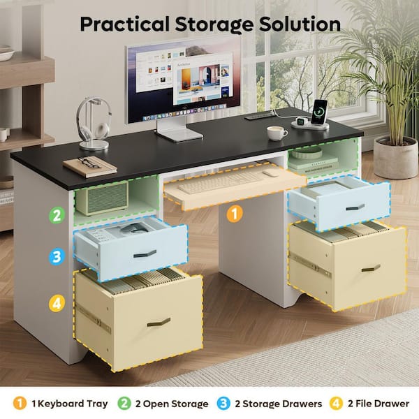 Desk - 59 in. Rectangular Black White Computer Desk with Drawers and Power Outlet, Home Office Desk with Keyboard Tray