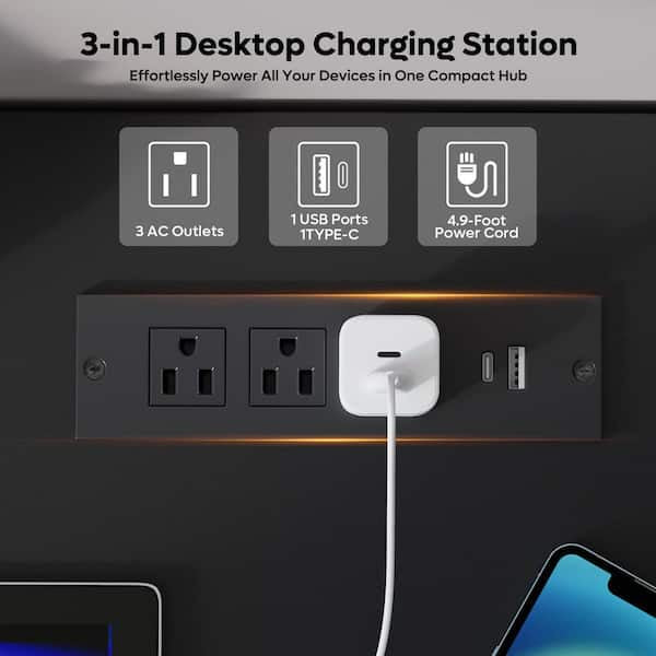 Desk - 59 in. Rectangular Black White Computer Desk with Drawers and Power Outlet, Home Office Desk with Keyboard Tray