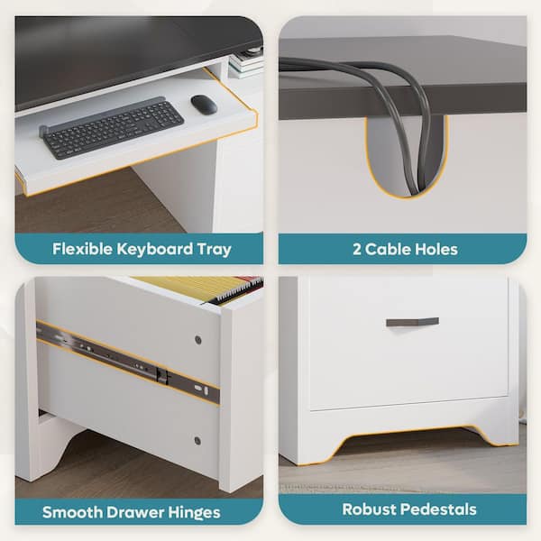 Desk - 59 in. Rectangular Black White Computer Desk with Drawers and Power Outlet, Home Office Desk with Keyboard Tray