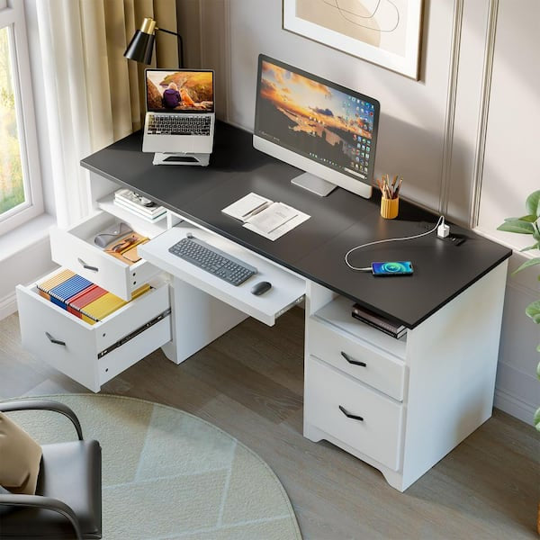 Desk - 59 in. Rectangular Black White Computer Desk with Drawers and Power Outlet, Home Office Desk with Keyboard Tray