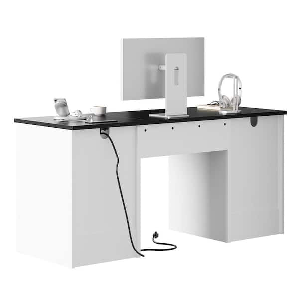 Desk - 59 in. Rectangular Black White Computer Desk with Drawers and Power Outlet, Home Office Desk with Keyboard Tray