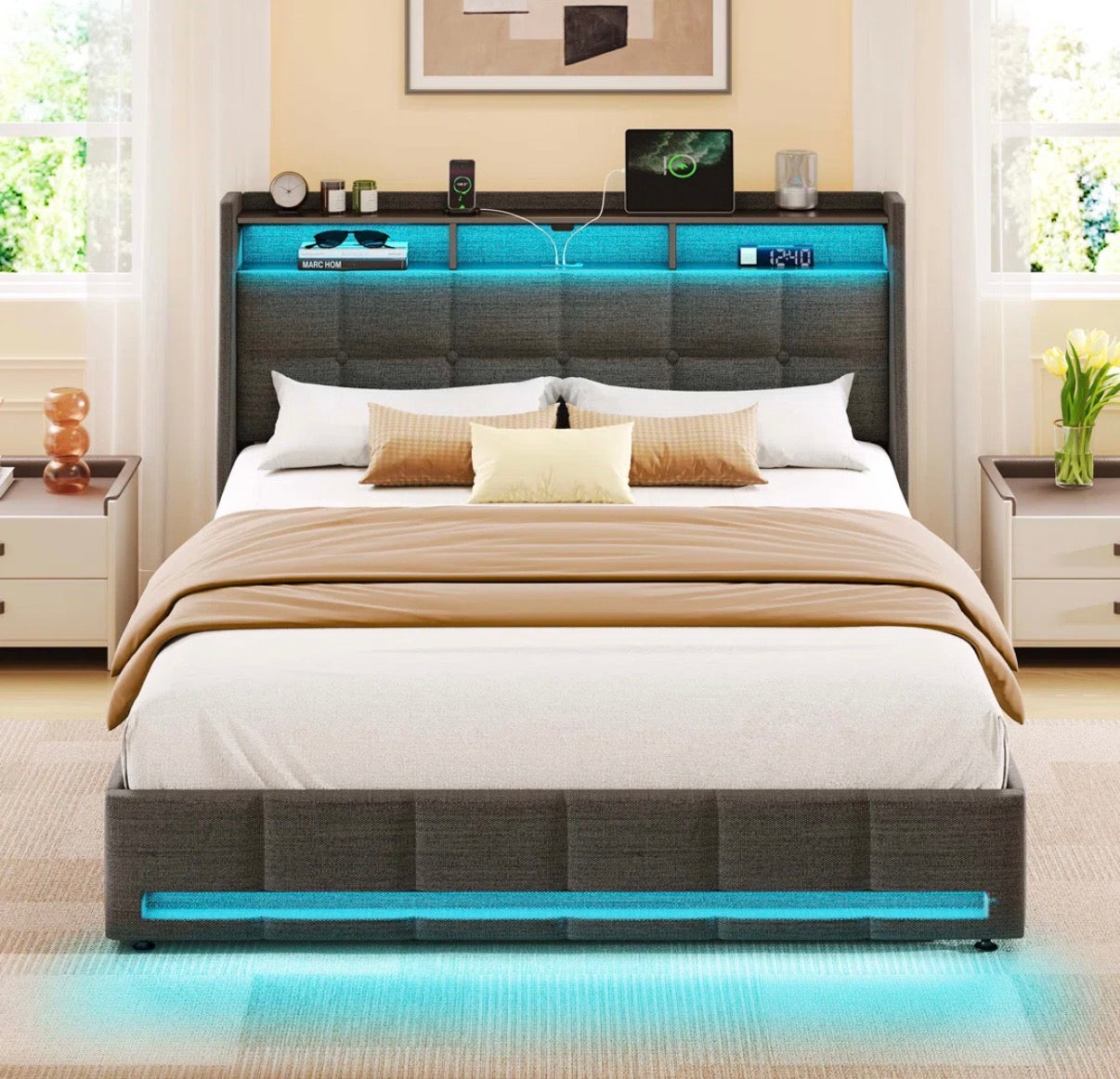 Bed - Full Size Upholstered Platform Bedframe with Wingback Storage Headboard and LED Lights, 4 Storage Drawers
