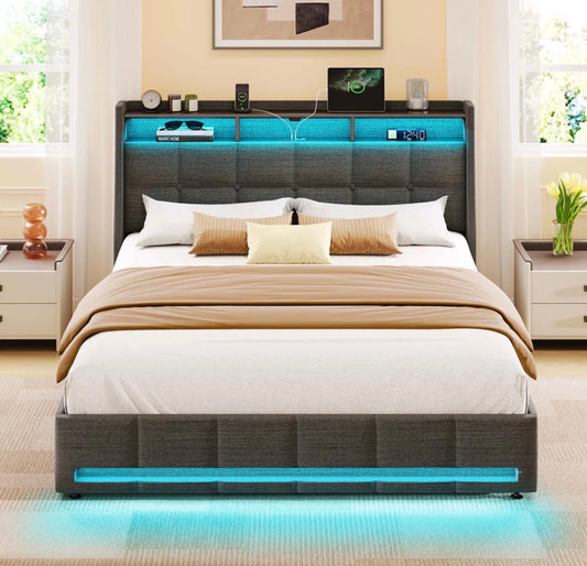 Bed - Full Size Upholstered Platform Bedframe with Wingback Storage Headboard and LED Lights, 4 Storage Drawers