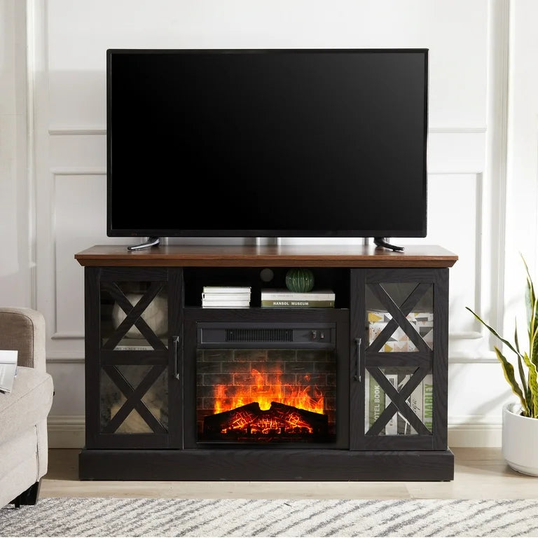 Media Stand - Fully Assembled Mainstays Farmhouse Fireplace TV Stand for TVs up to 55", Black/Walnut - WM9.3.25