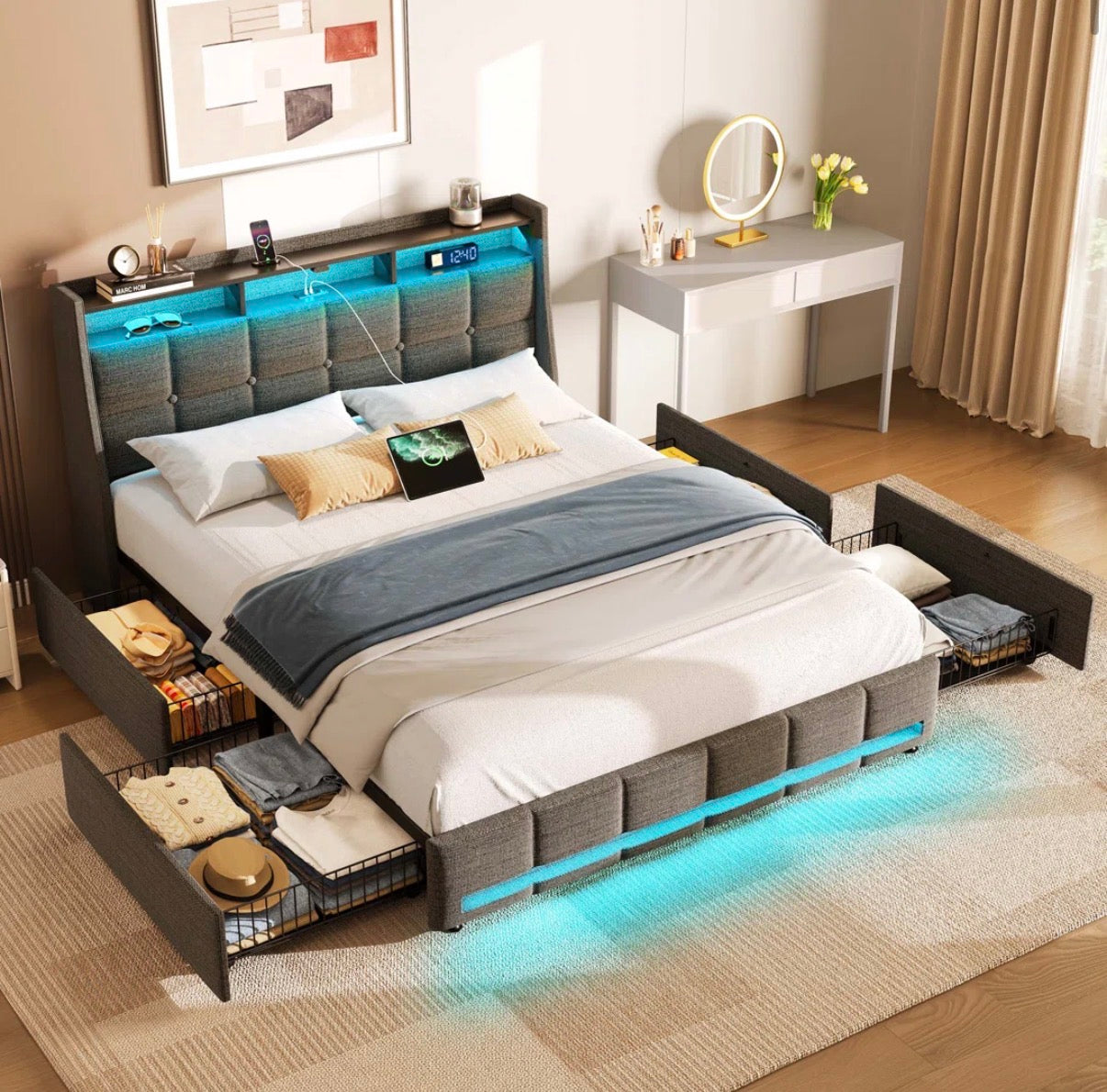 Bed - Full Size Upholstered Platform Bedframe with Wingback Storage Headboard and LED Lights, 4 Storage Drawers