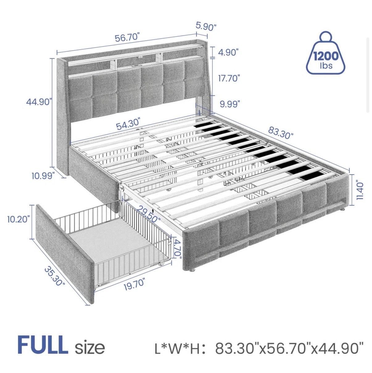 Bed - Full Size Upholstered Platform Bedframe with Wingback Storage Headboard and LED Lights, 4 Storage Drawers
