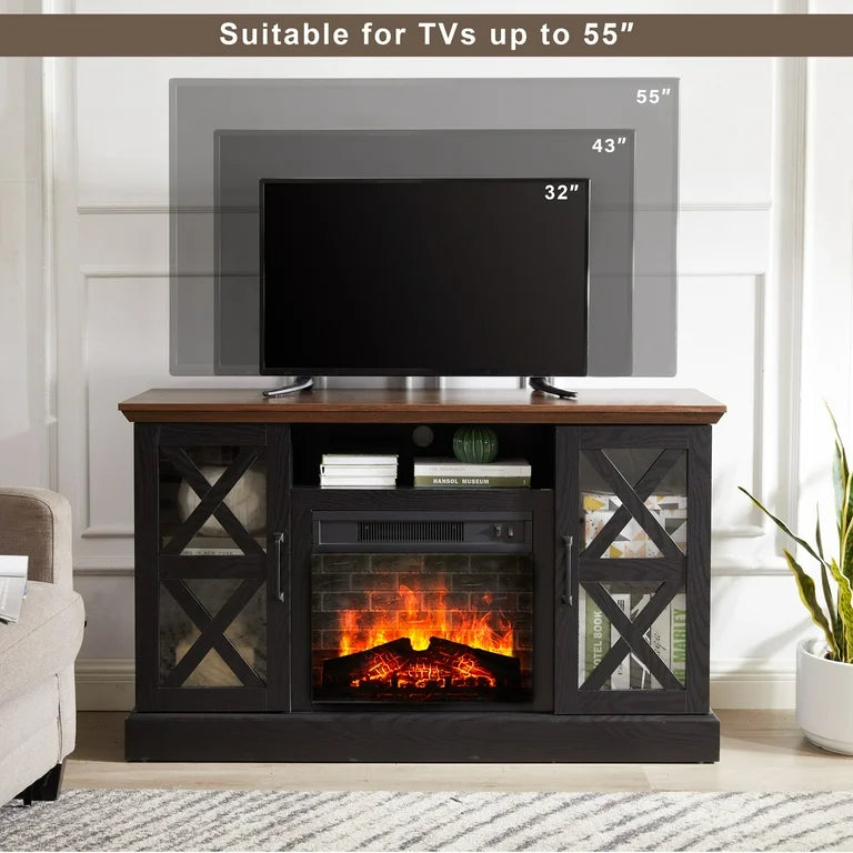 Media Stand - Fully Assembled Mainstays Farmhouse Fireplace TV Stand for TVs up to 55", Black/Walnut - WM9.3.25