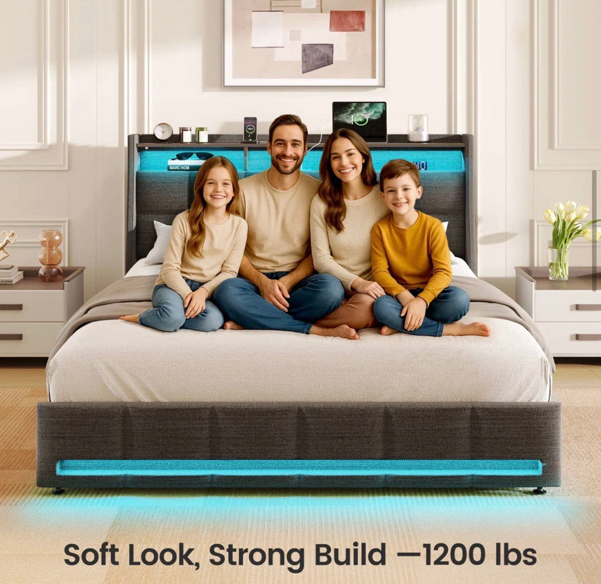 Bed - Full Size Upholstered Platform Bedframe with Wingback Storage Headboard and LED Lights, 4 Storage Drawers