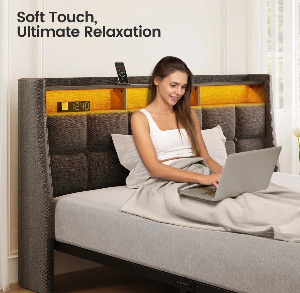 Bed - Full Size Upholstered Platform Bedframe with Wingback Storage Headboard and LED Lights, 4 Storage Drawers