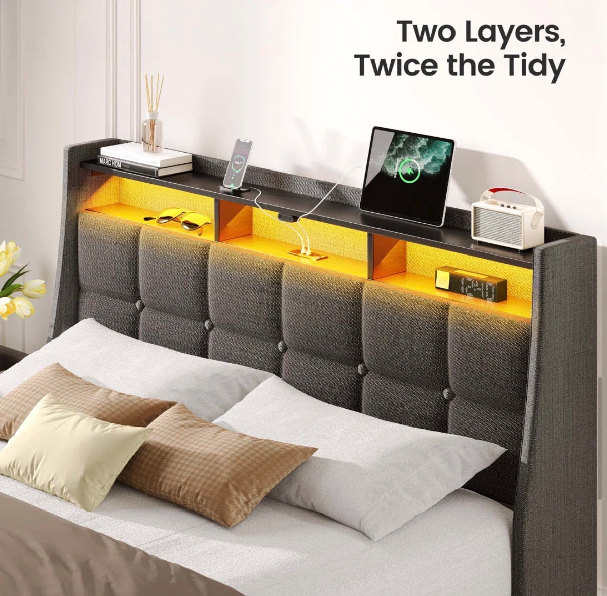 Bed - Full Size Upholstered Platform Bedframe with Wingback Storage Headboard and LED Lights, 4 Storage Drawers