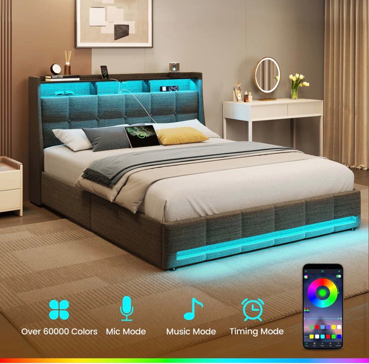 Bed - Full Size Upholstered Platform Bedframe with Wingback Storage Headboard and LED Lights, 4 Storage Drawers