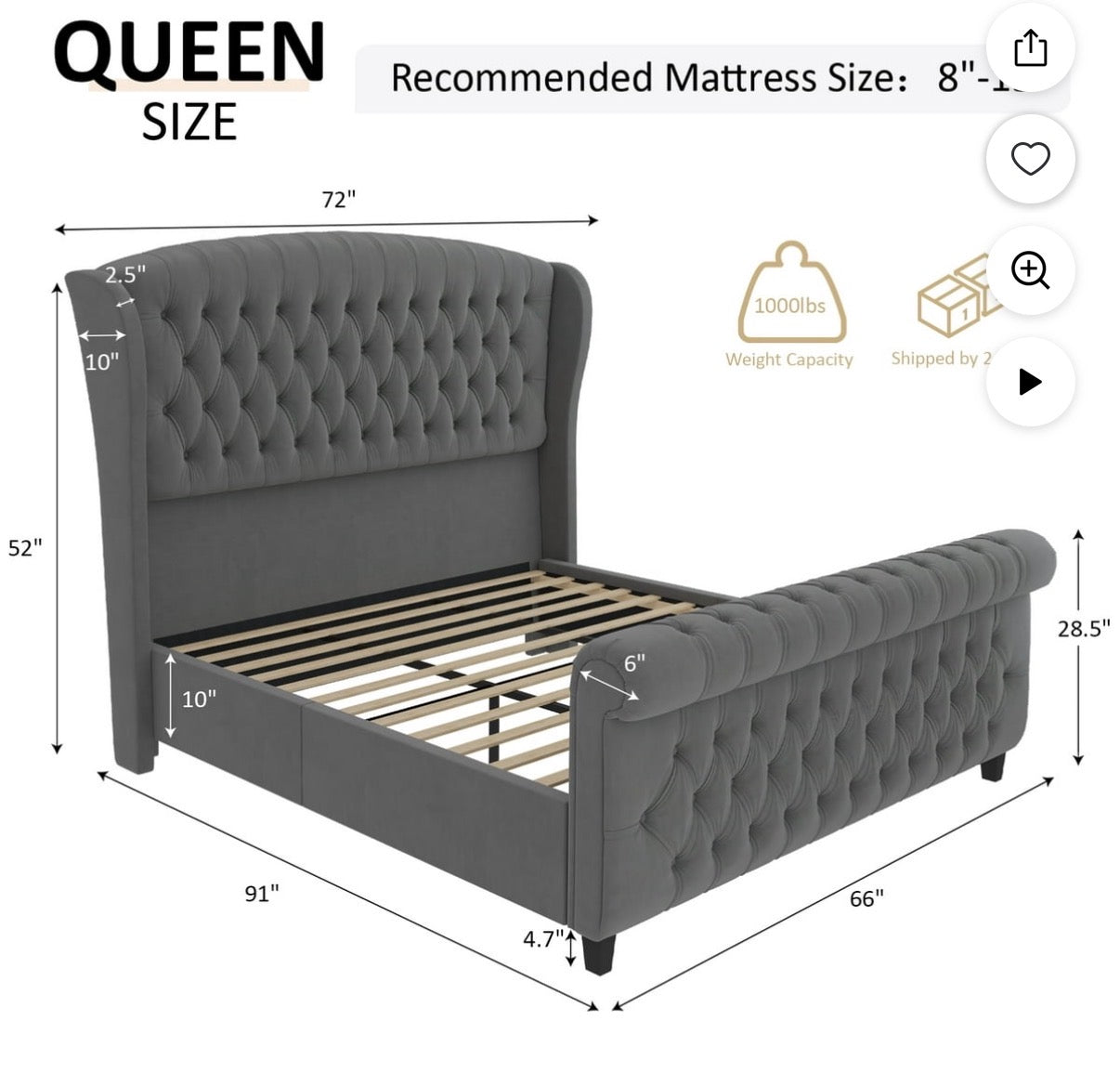 Bed - Queen Size Dulane Upholstered Scroll Wingback Tufted Bed