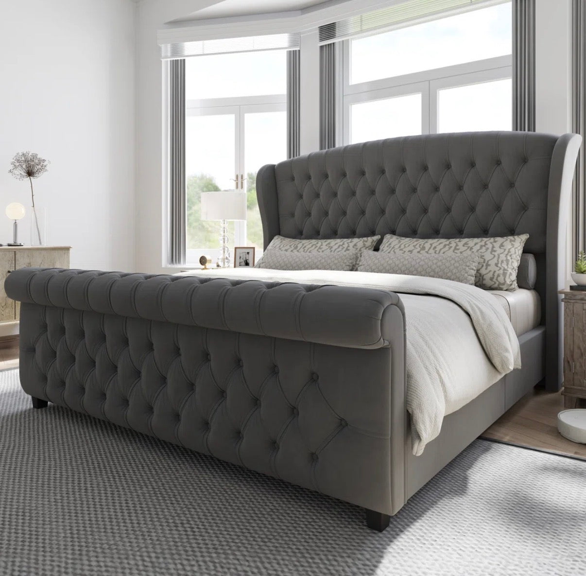Bed - Queen Size Dulane Upholstered Scroll Wingback Tufted Bed