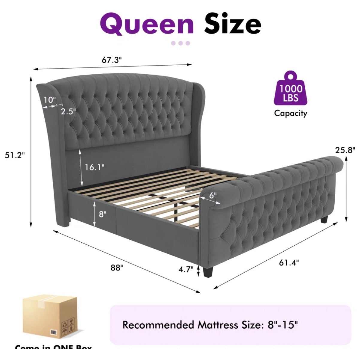 Bed - Queen Size Dulane Upholstered Scroll Wingback Tufted Bed
