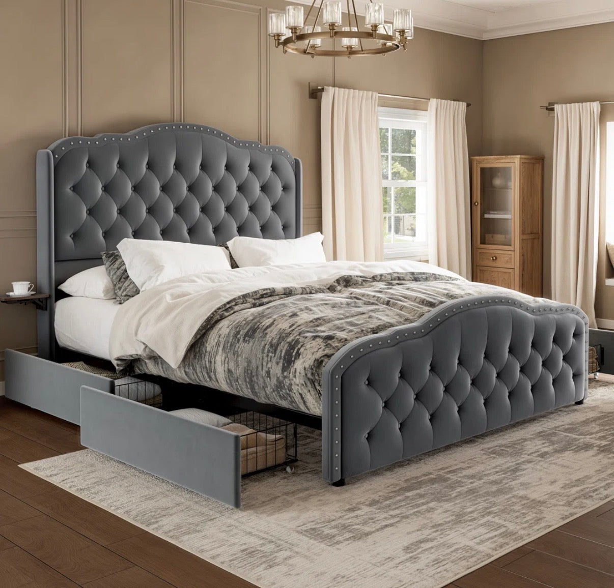 Bed - Full Size Maber Upholstered Bed Frame with 4 Drawers, Velvet Wingback Bed, No Boxing Spring Needed.