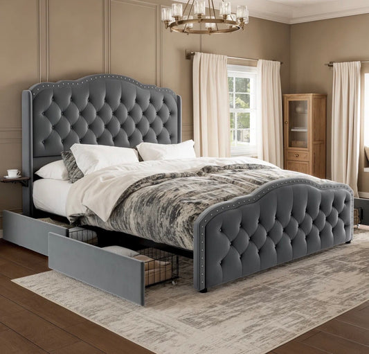 Bed - Full Size Maber Upholstered Bed Frame with 4 Drawers, Velvet Wingback Bed, No Boxing Spring Needed.