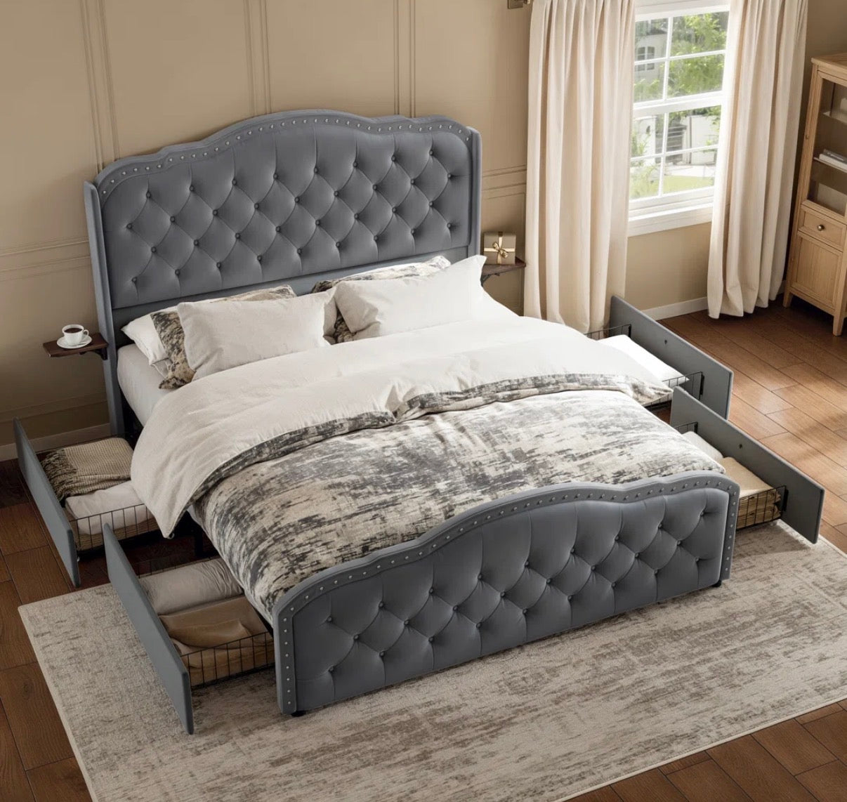 Bed - Full Size Maber Upholstered Bed Frame with 4 Drawers, Velvet Wingback Bed, No Boxing Spring Needed.