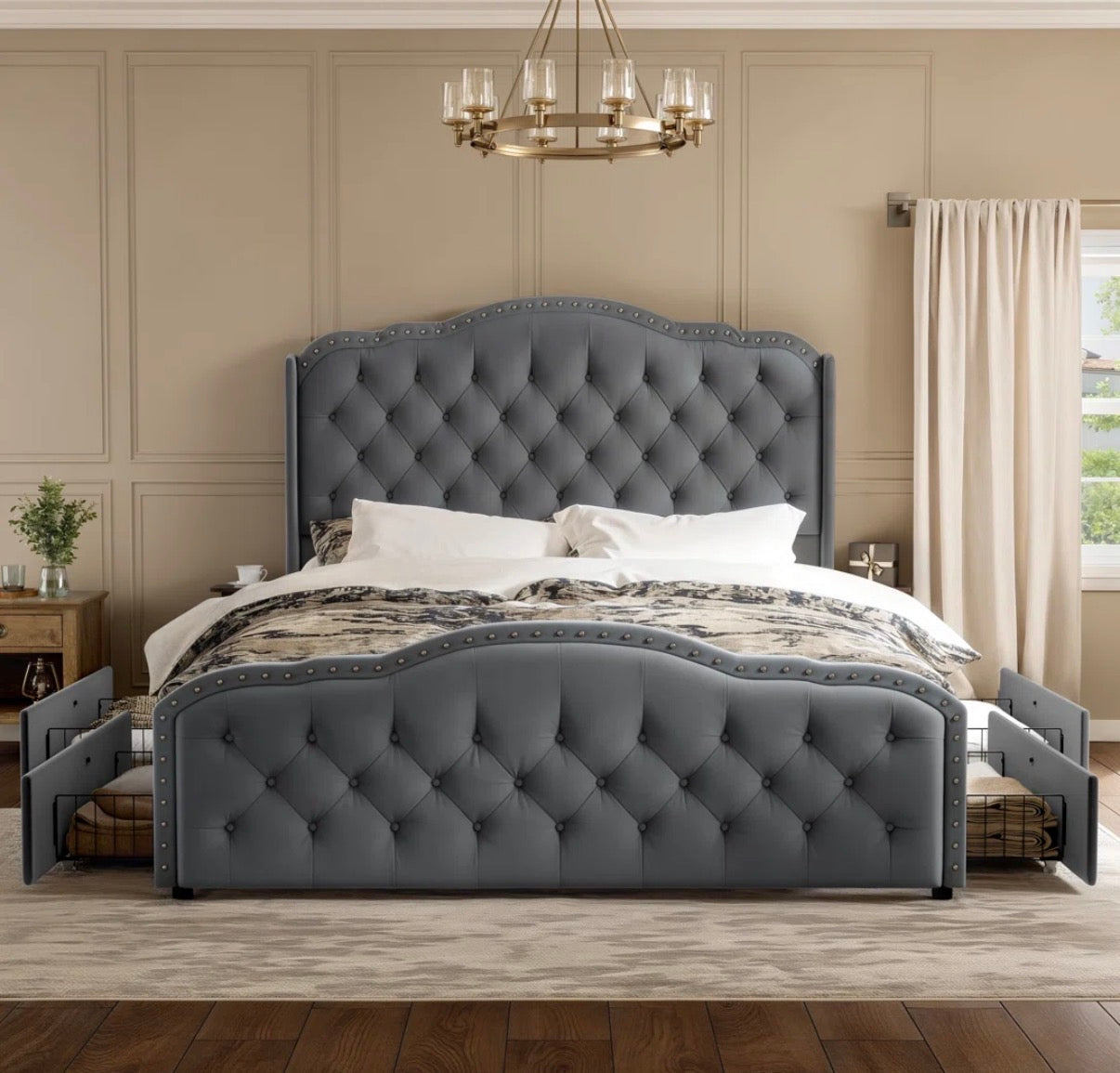 Bed - Full Size Maber Upholstered Bed Frame with 4 Drawers, Velvet Wingback Bed, No Boxing Spring Needed.