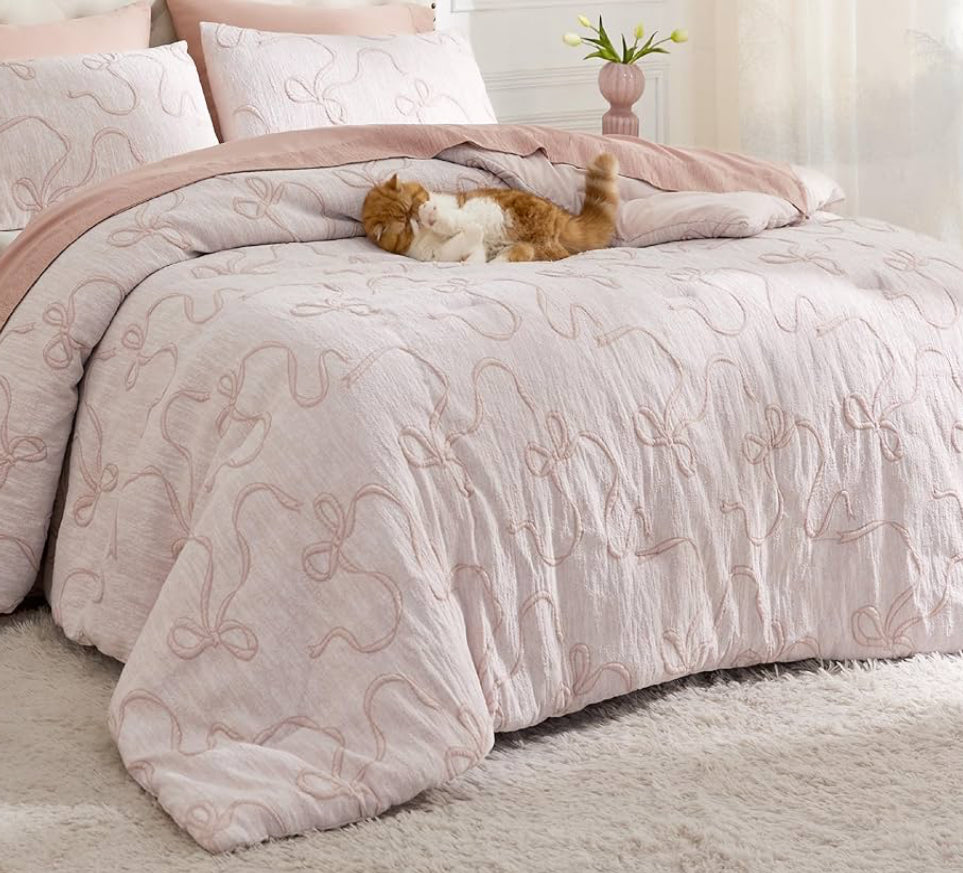 Comforter Set - Bedsure Queen, Pink Boho Tufted Bed Set, 3D Puffy Jacquard Bedding, 3 Pieces - WF9.25.25