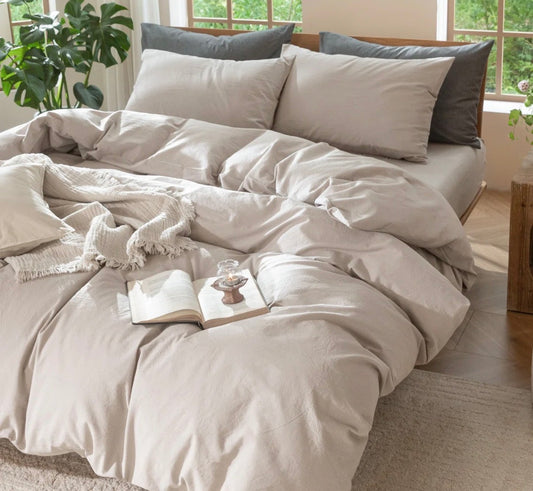 Bedding - Super Queen Size MooMee Bedding Duvet Cover Set 100% Washed Cotton Linen Like Textured Breathable Durable Soft Comfy (Solid Light Tan, Super Queen 90"x98")