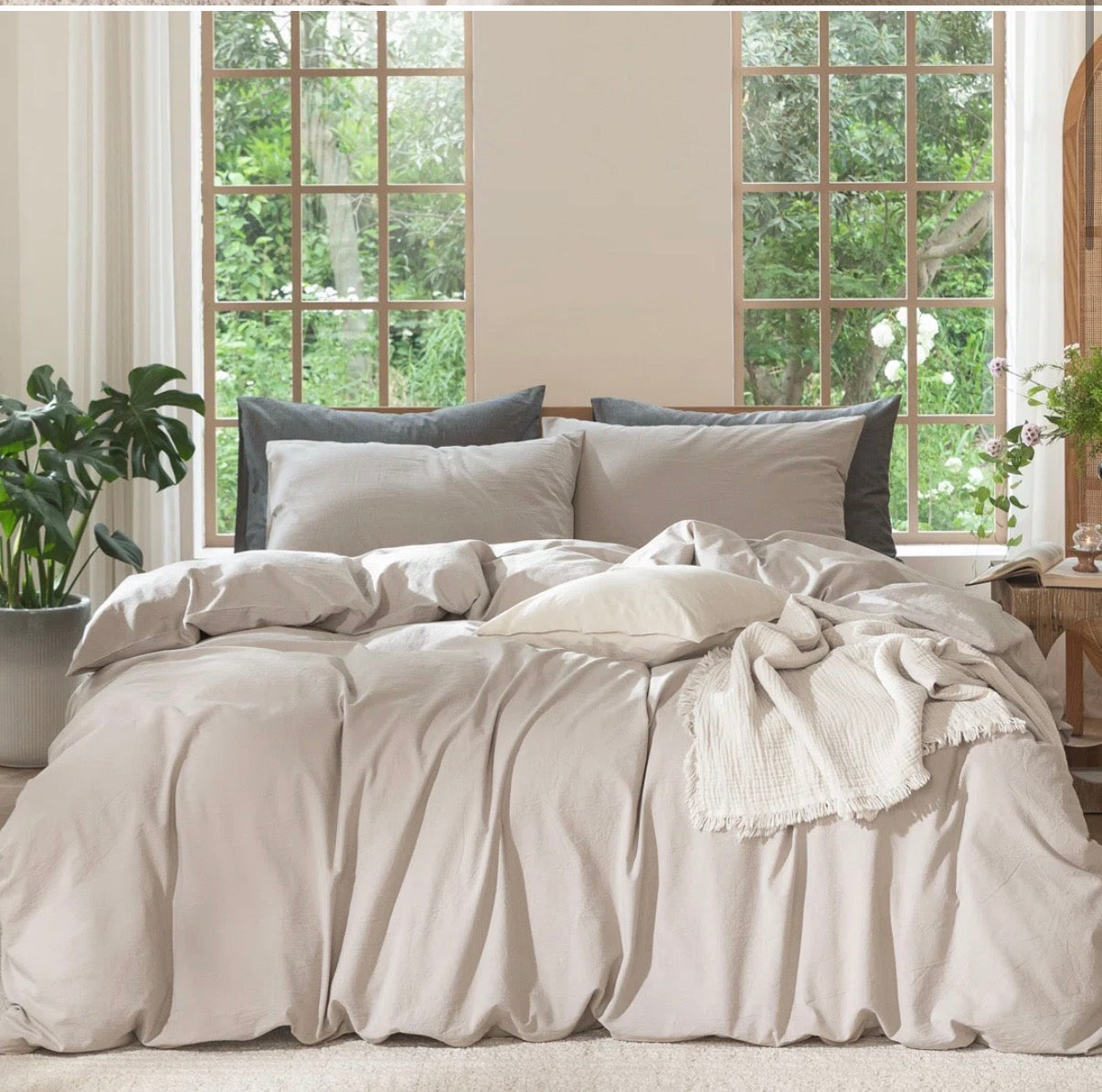 Bedding - Super Queen Size MooMee Bedding Duvet Cover Set 100% Washed Cotton Linen Like Textured Breathable Durable Soft Comfy (Solid Light Tan, Super Queen 90"x98")