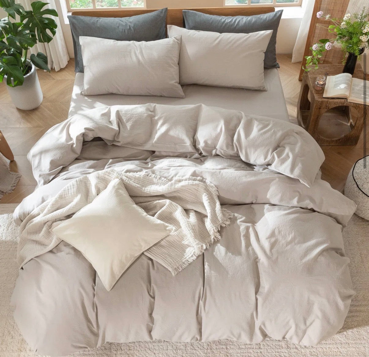 Bedding - Super Queen Size MooMee Bedding Duvet Cover Set 100% Washed Cotton Linen Like Textured Breathable Durable Soft Comfy (Solid Light Tan, Super Queen 90"x98")