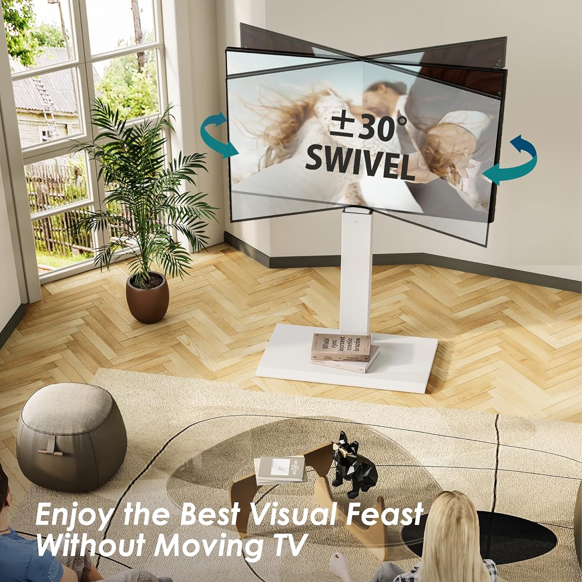 TV Stand - FITUEYES Iron Base Universal Floor TV Stand with Swivel Mount, Space Saving for 32–75 inch TVs, Height Adjustable, Wire Management — White