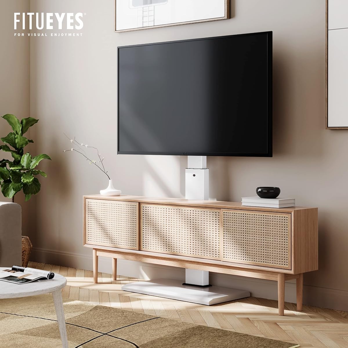 TV Stand - FITUEYES Iron Base Universal Floor TV Stand with Swivel Mount, Space Saving for 32–75 inch TVs, Height Adjustable, Wire Management — White