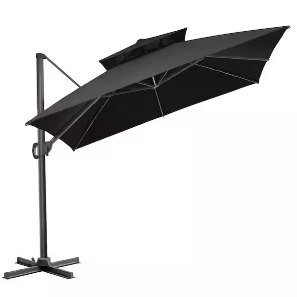 Outdoor Umbrella -  10 ft. x 10 ft. Double Top Patio Cantilever Umbrella in Black Square Aluminum Outdoor Offset Umbrella with Cross Stand