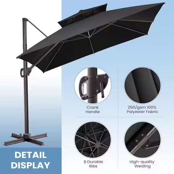Outdoor Umbrella -  10 ft. x 10 ft. Double Top Patio Cantilever Umbrella in Black Square Aluminum Outdoor Offset Umbrella with Cross Stand