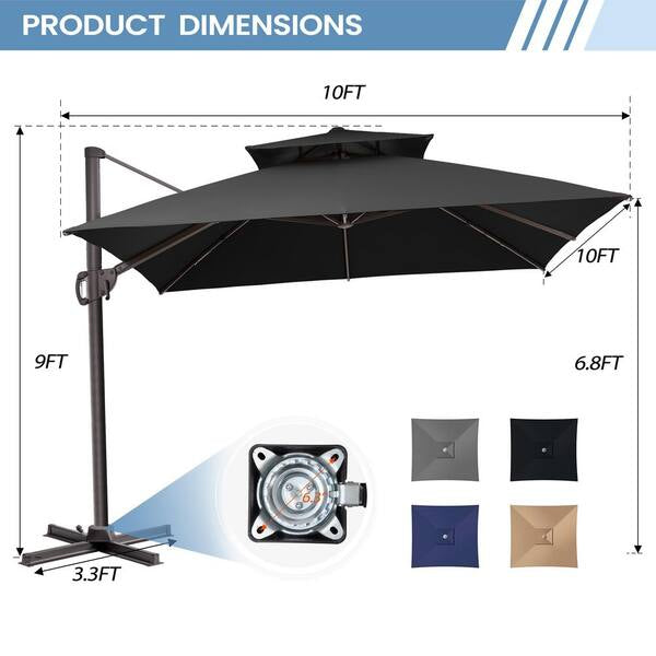 Outdoor Umbrella -  10 ft. x 10 ft. Double Top Patio Cantilever Umbrella in Black Square Aluminum Outdoor Offset Umbrella with Cross Stand