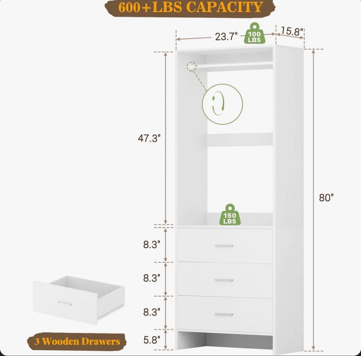 Closet Organizer - 24'' W Closet System with Wooden Drawers