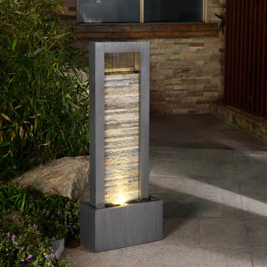 Outdoor - Versatile Zen Metal Fountain with Stone Brick Accent - WF9.25.25