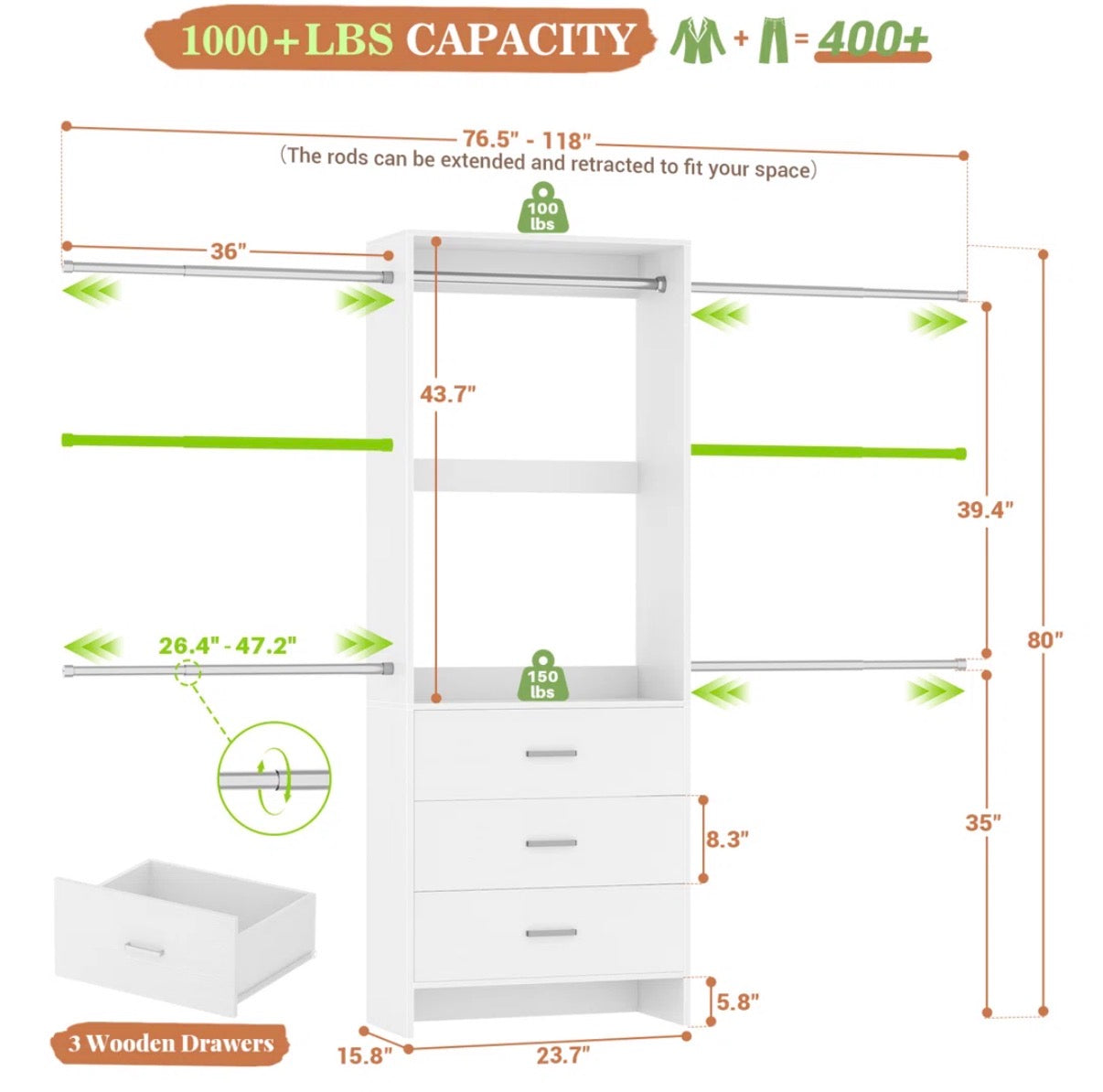 Closet Organizer - 76.5"-118" Closet Organizer With Drawers And 4 Hanging Rods