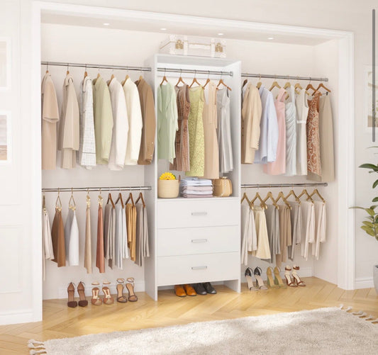 Closet Organizer - 76.5"-118" Closet Organizer With Drawers And 4 Hanging Rods